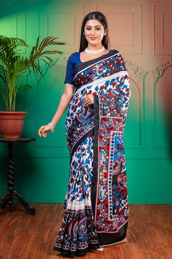 Offwhite pure bagru malmal cotton saree with multicolor floral motifswith running blouse piece