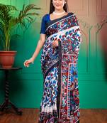 Offwhite pure bagru malmal cotton saree with multicolor floral motifswith running blouse piece