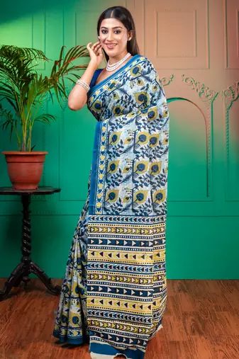 Blue  bagru malmal cotton saree with multicolor floral motifswith running blouse piece