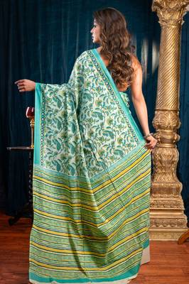Green  bagru malmal cotton saree with multicolor floral motifswith running blouse piece 3