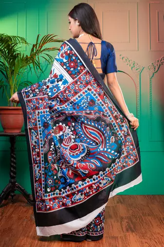 Offwhite  bagru malmal cotton saree with multicolor floral motifswith running blouse piece