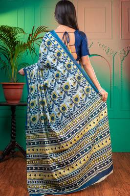 Blue  bagru malmal cotton saree with multicolor floral motifswith running blouse piece 3