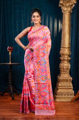Pink banarasi soft silk saree with multicolor kashmiri motifswith running blouse piece 1