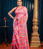Pink banarasi soft silk saree with multicolor kashmiri motifswith running blouse piece