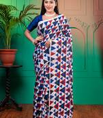 Blue pure bagru malmal cotton saree with red and blue triangular motifswith running blouse piece