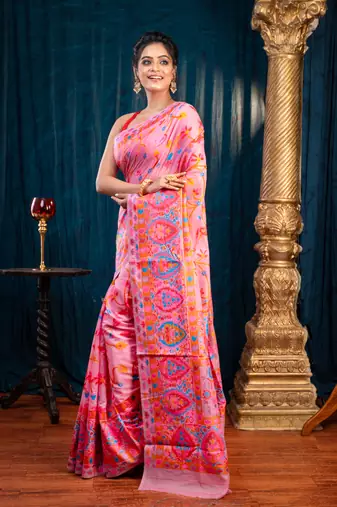 Pink banarasi soft silk saree with multicolor kashmiri motifswith running blouse piece