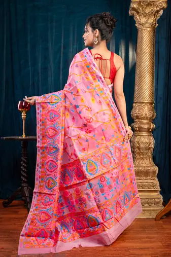 Pink banarasi soft silk saree with multicolor kashmiri motifswith running blouse piece