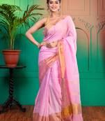 Pink pure handloom linen saree with golden zari  border and palluwith running blouse piece
