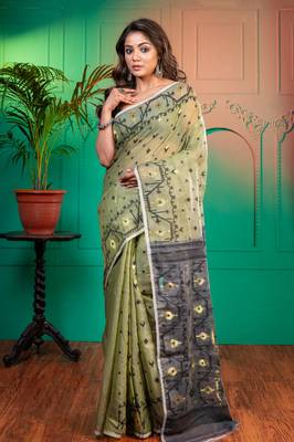 Olive green and black cotton jamdani saree with multicolor woven motifswith running blouse piece 1