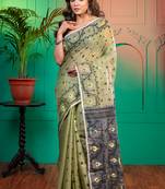 Olive green and black cotton jamdani saree with multicolor woven motifswith running blouse piece