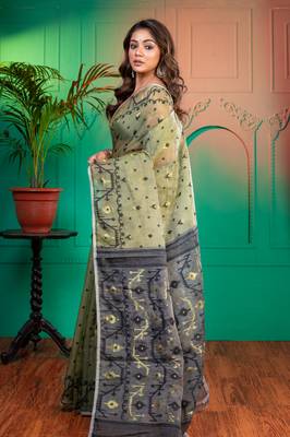 Olive green and black cotton jamdani saree with multicolor woven motifswith running blouse piece 2