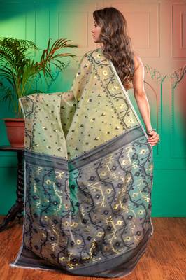 Olive green and black cotton jamdani saree with multicolor woven motifswith running blouse piece 3