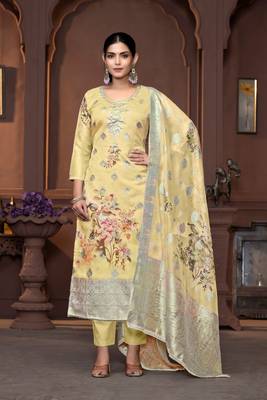 Yellow viscosee organza Woven with printed and hand work graceful ethnic wedding wear salwar kameez 1