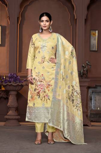 Yellow viscose organza Woven designer with printed and hand work graceful ethnic wedding wear salwar kameez