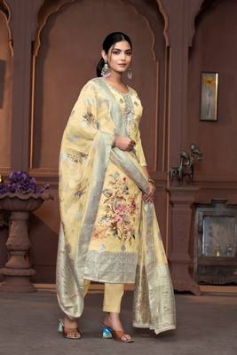 Yellow viscosee organza Woven with printed and hand work graceful ethnic wedding wear salwar kameez 4
