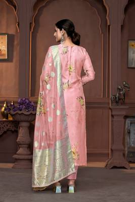 Peach viscosee organza Woven with printed and hand work graceful ethnic wedding wear salwar kameez 2