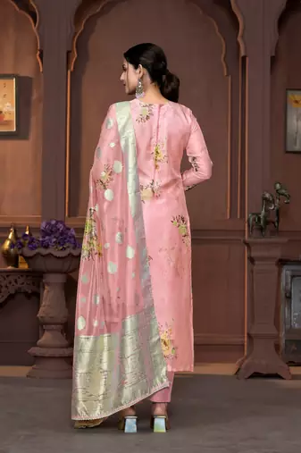 Peach viscosee organza Woven with printed and hand work graceful ethnic wedding wear salwar kameez