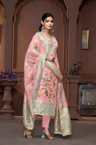 Peach viscosee organza Woven with printed and hand work graceful ethnic wedding wear salwar kameez