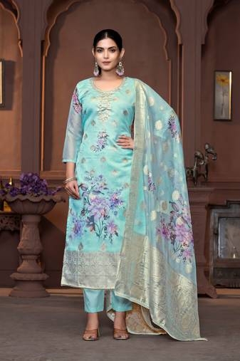 Blue viscose organza Woven designer with printed and hand work graceful ethnic wedding wear salwar kameez