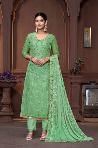 Green viscose organza poistion embroidery with hand work graceful ethnic wedding wear salwar kameez