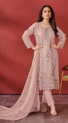 Peach georgette embroidery work trendy graceful ceremonial pakistani salwar kameez 1