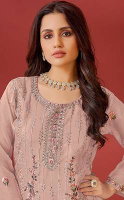 Peach georgette embroidery work trendy graceful ceremonial pakistani salwar kameez 2