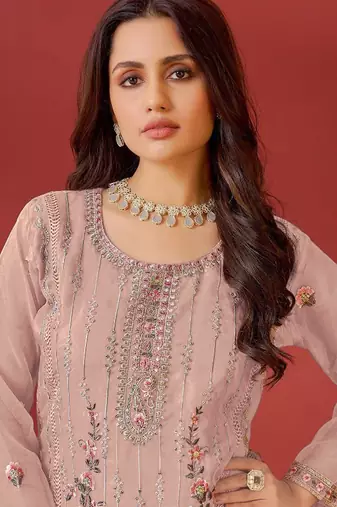 Peach georgette embroidery work trendy graceful ceremonial pakistani salwar kameez
