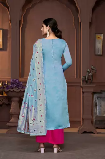Blue muslin Woven with hand work ethnic salwar kameez