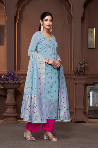 Blue muslin Woven with hand work ethnic salwar kameez