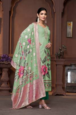 Green cembric cotton Woven with printed and hand work graceful wedding wear salwar kameez 4