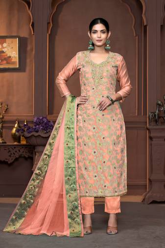 Peach muslin cotton Woven designer with hand work graceful wedding wear salwar kameez