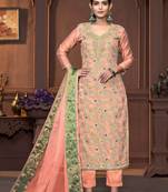 Peach muslin cotton Woven designer with hand work graceful wedding wear salwar kameez