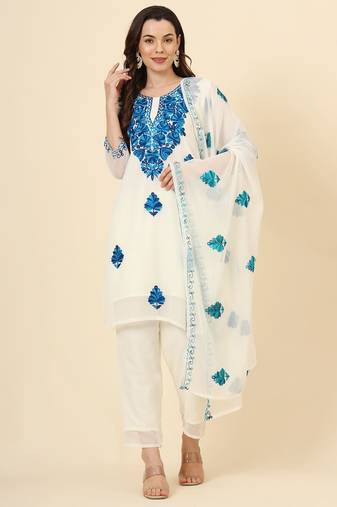 Blue georgette chikankari embroidery work graceful elegant look festive wear girlie readymade suit