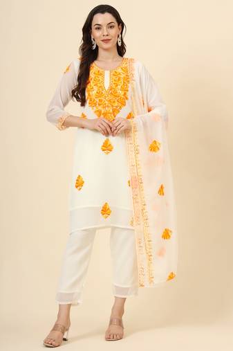 Yellow georgette chikankari embroidery work graceful elegant look festive wear girlie readymade suit