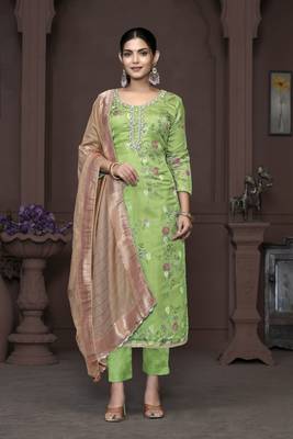 Green banarasi organza printed with hand work heavy looks traditional salwar suit for indian girls 1