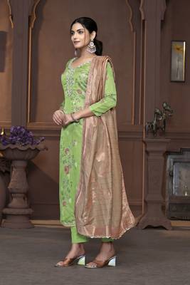 Green banarasi organza printed with hand work heavy looks traditional salwar suit for indian girls 3