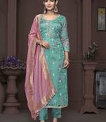 Blue banarasi organza designer printed with hand work heavy looks traditional salwar suit for indian girls