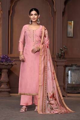 Pink modal fabric printed with hand work for beautiful ethnic looks wedding wear 1