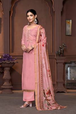 Pink modal fabric printed with hand work for beautiful ethnic looks wedding wear 3