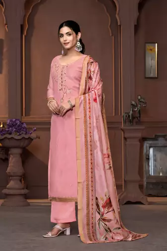 Pink modal fabric printed with hand work for beautiful ethnic looks wedding wear