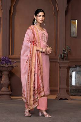 Pink modal fabric printed with hand work for beautiful ethnic looks wedding wear 4
