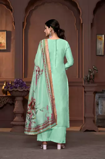 Sea green modal fabric printed with hand work for beautiful ethnic looks wedding wear
