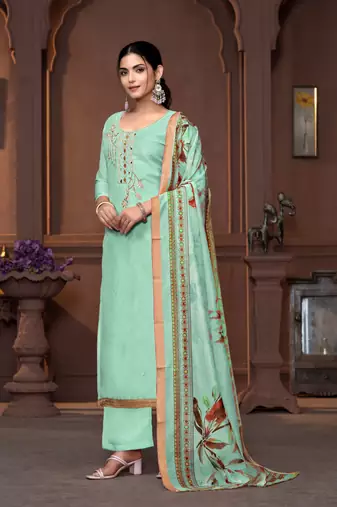 Sea green modal fabric printed with hand work for beautiful ethnic looks wedding wear