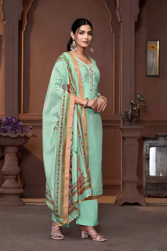 Sea green modal fabric printed with hand work for beautiful ethnic looks wedding wear