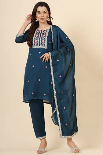 Teal blue vichitra silk designer embroidery work graceful ethnic readymade suit for girlie party looks