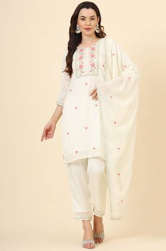 Off white vichitra silk designer embroidery work graceful ethnic readymade suit for girlie party looks