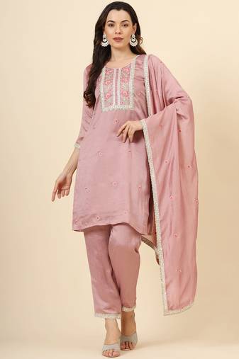 Pink vichitra silk designer embroidery work graceful ethnic readymade suit for girlie party looks