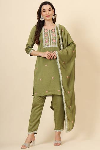 Green vichitra silk designer embroidery work graceful ethnic readymade suit for girlie party looks