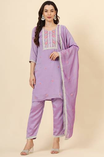 Purple vichitra silk designer embroidery work graceful ethnic readymade suit for girlie party looks