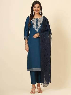 Teal muslin silk blend designer embroidery work ethnic partywear readymade suit for trendy girlie festive looks 1